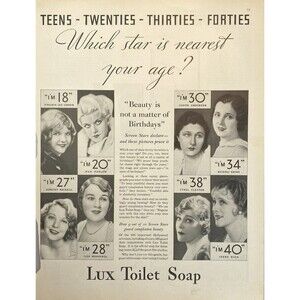LUX Toilet Soap "Jean Harlow: Beauty is Not a Matter of Birthdays" Print Ad 1930